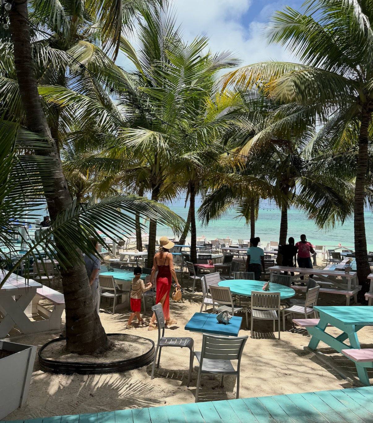 Colorful beach tables under palm trees on the sand at da Conch Shack, with the turquoise water of Blue Hills behind, Providenciales