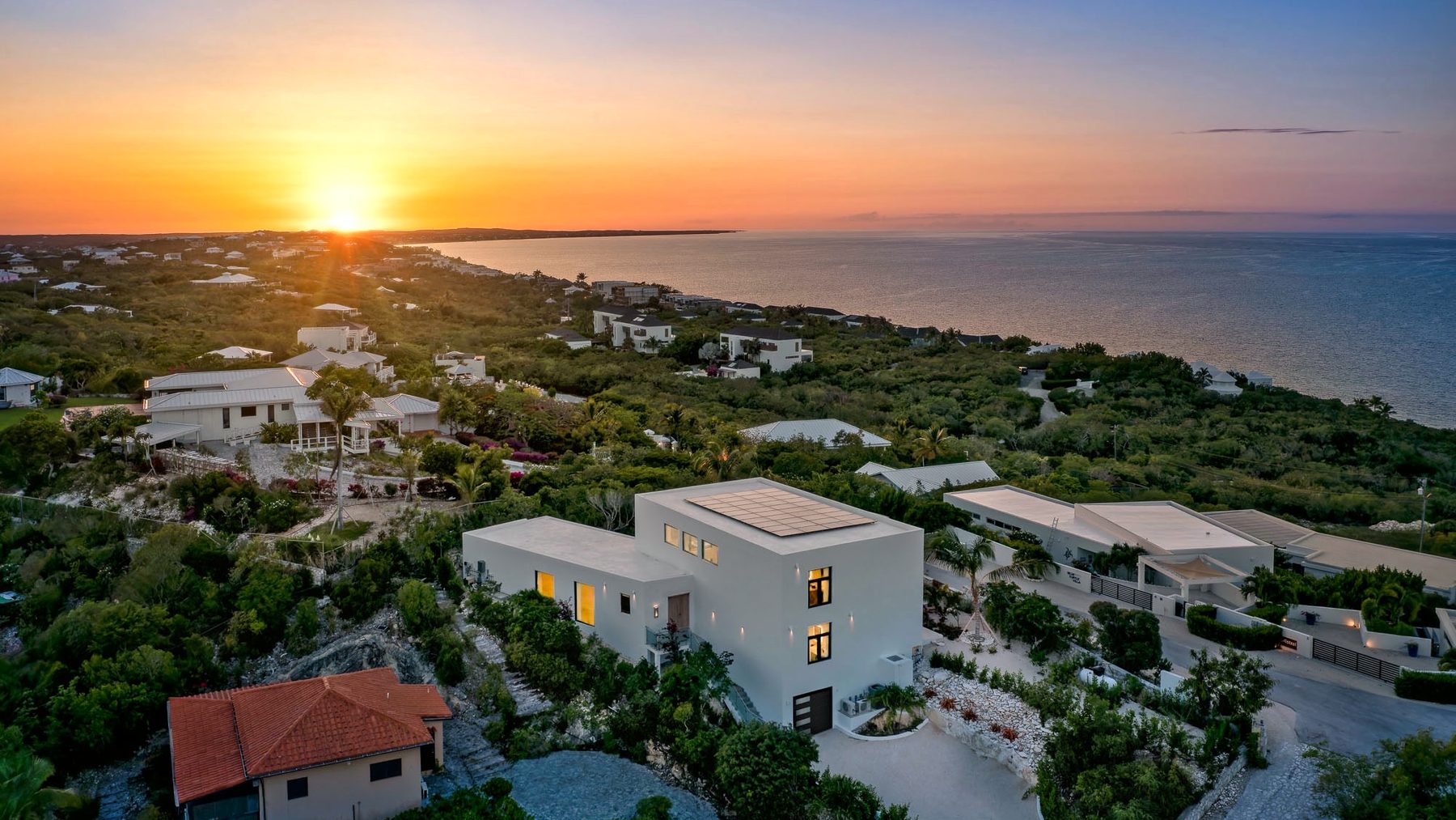 Sunset over the North Shore of Providenciales from above Turtle Cove, Turks and Caicos
